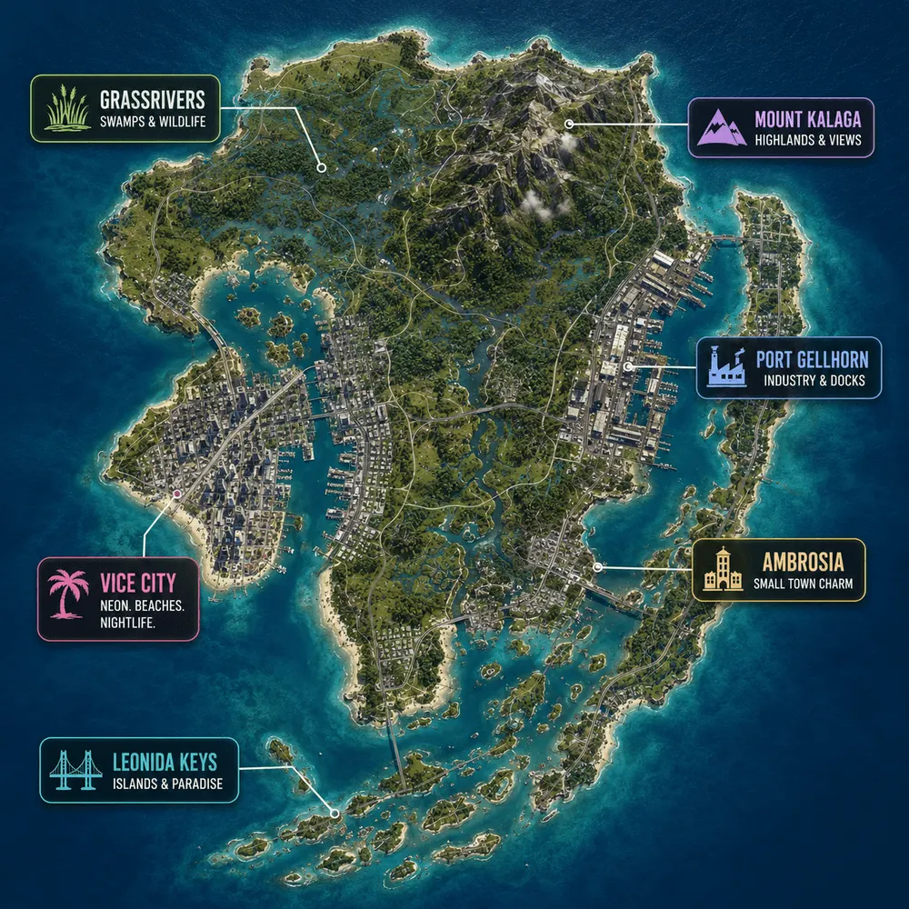 Карта GTA 6 в Leonida: Vice City, Port Gellhorn, Mount Kalaga, Grassrivers, Ambrosia и Leonida Keys